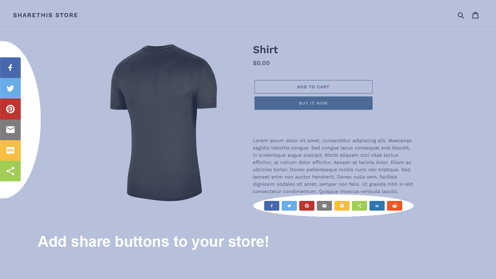 Ejemplo de botones de compartir en línea y pegajosos en una tienda.