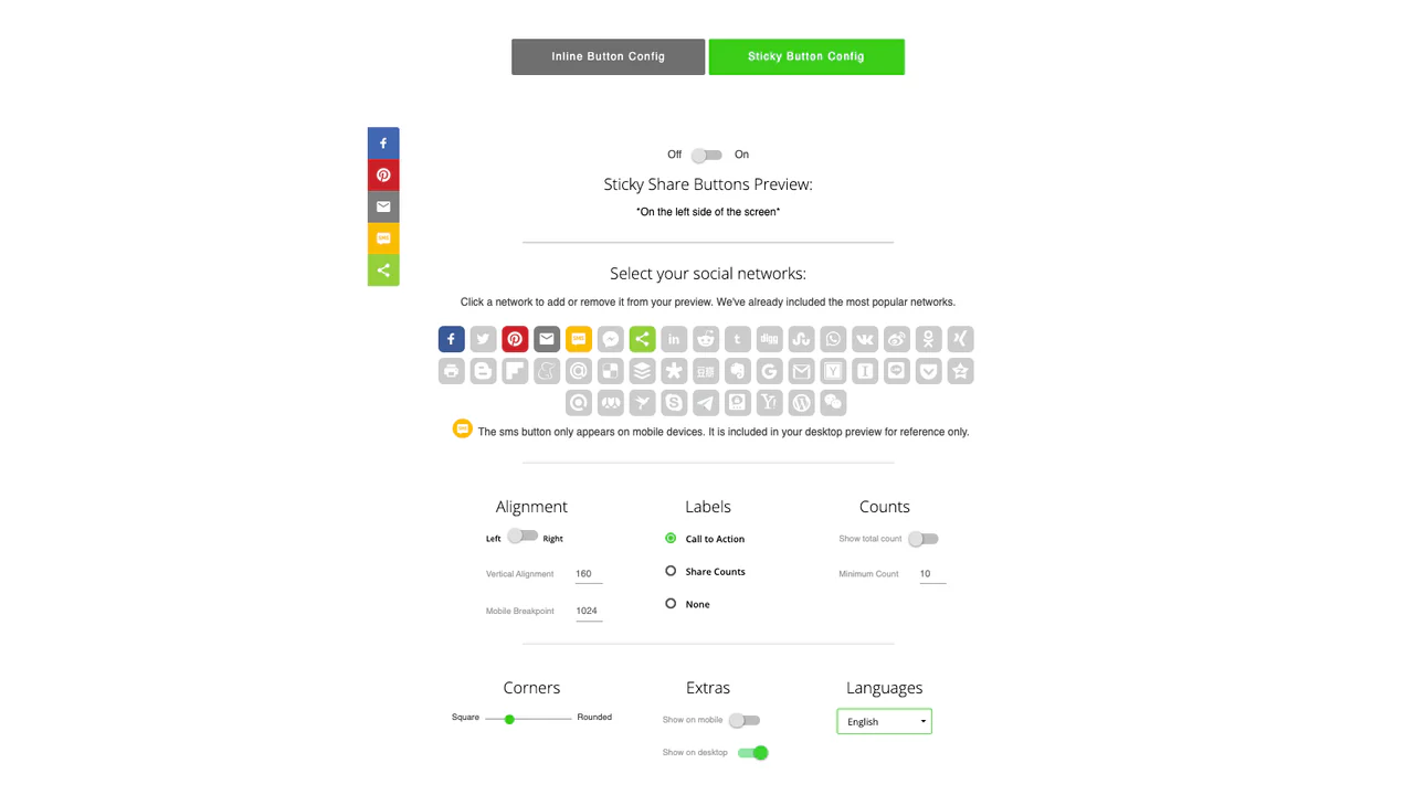 Configuration du bouton collant dans l'administration de l'application