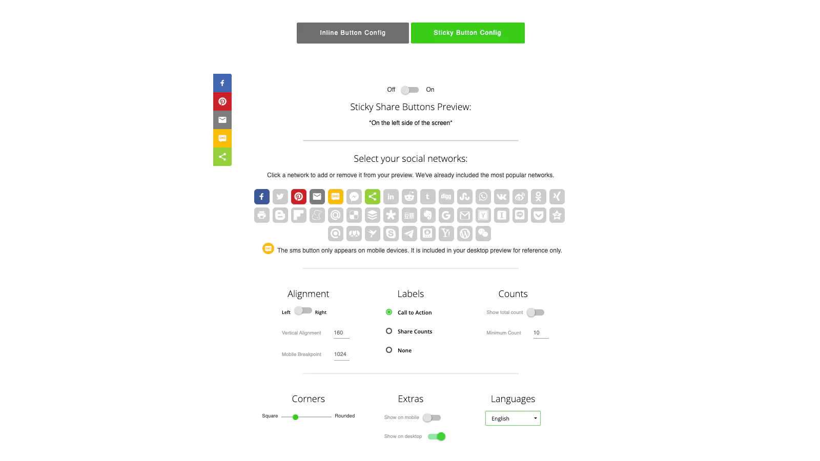 Sticky button configuration in app admin