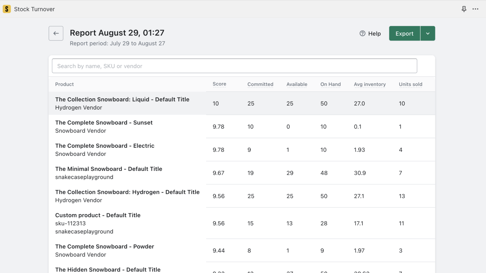 Stock Turnover Report Screenshot