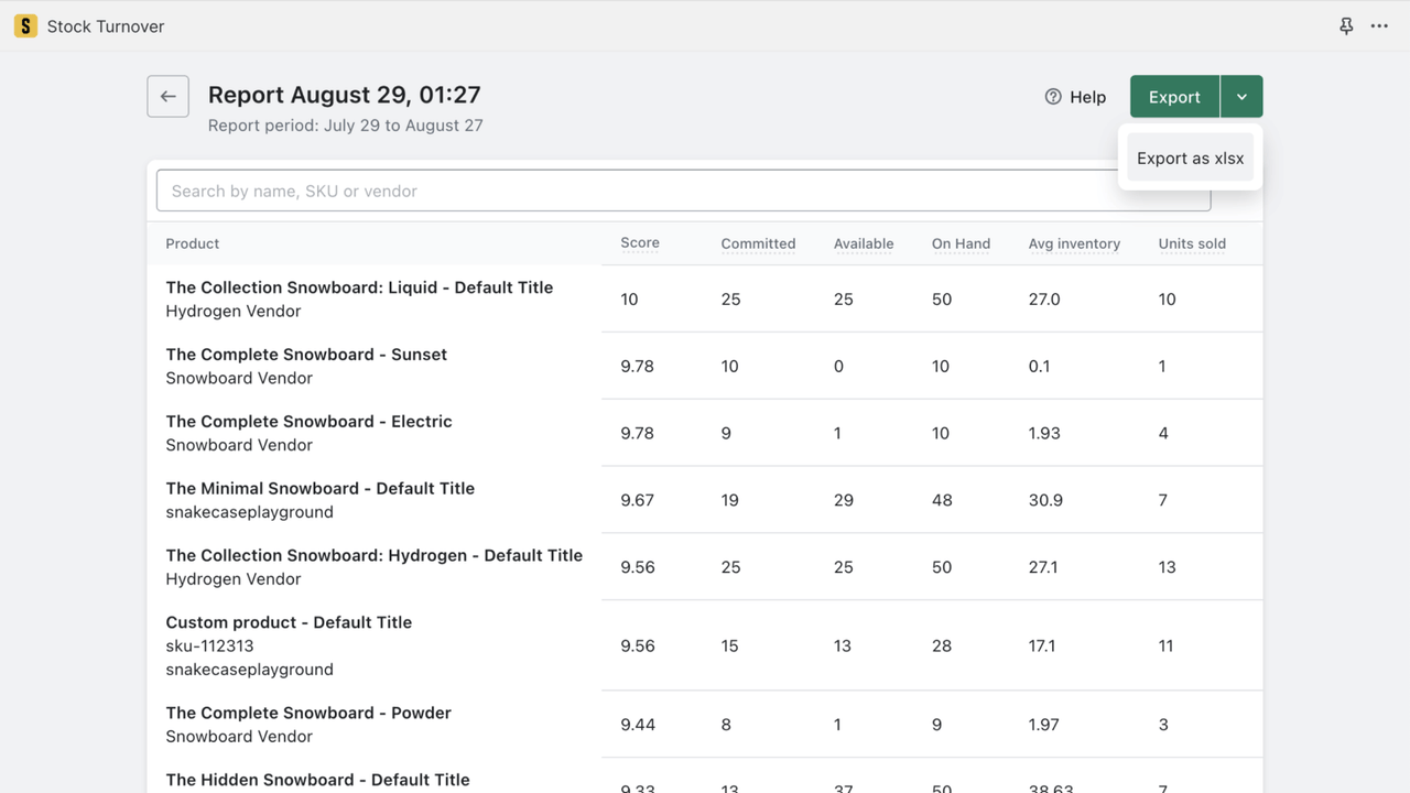 Export a stock inventory report