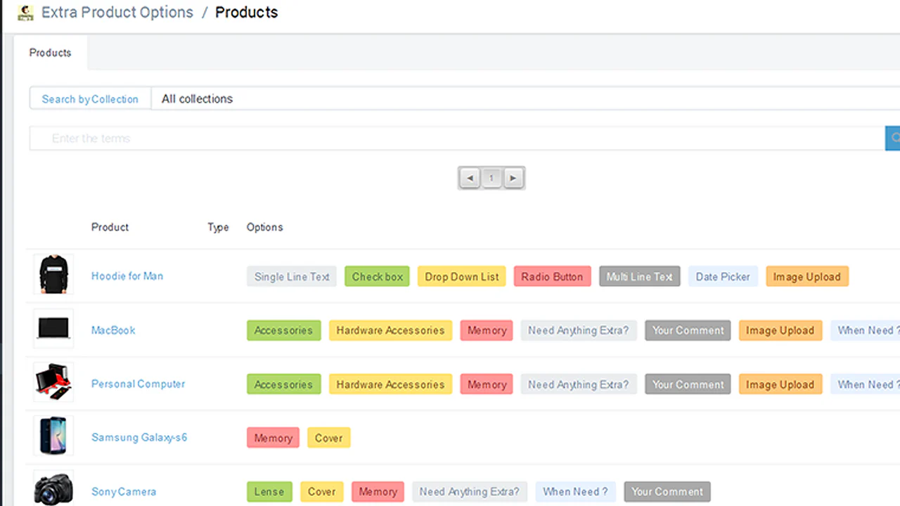 Lijst van opties per product in backend