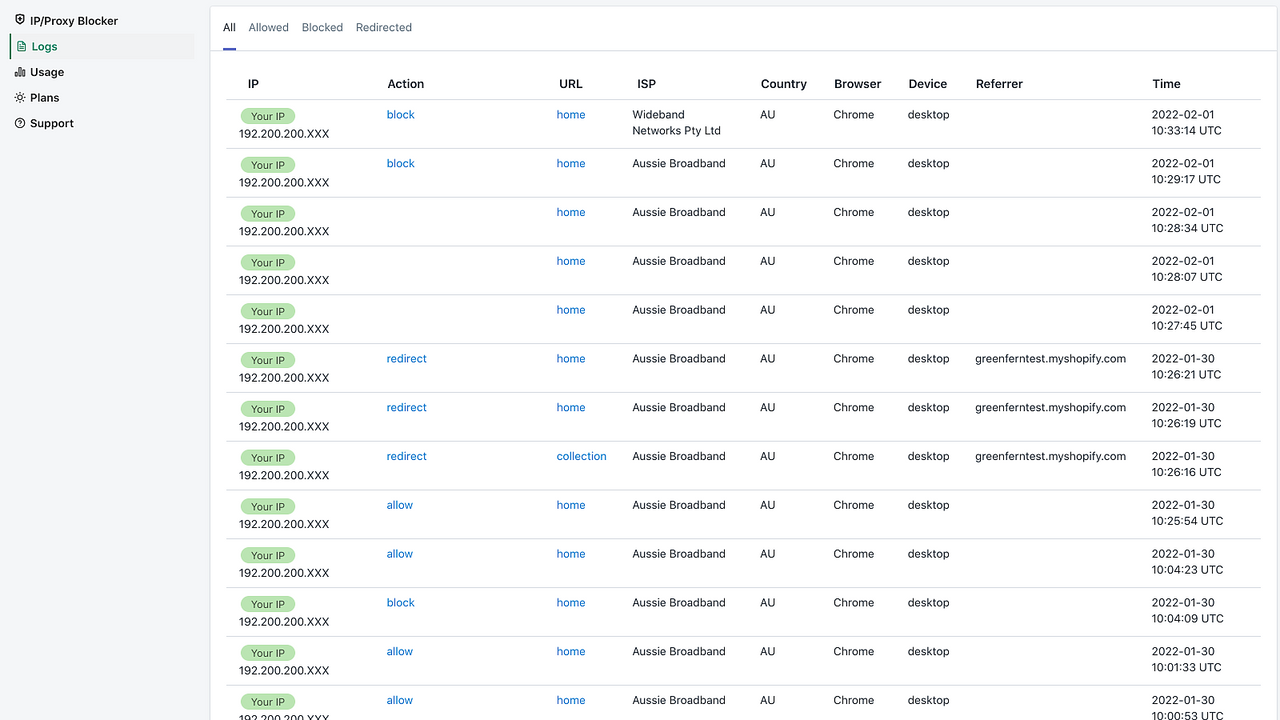 View logs per rule, or across your entire site