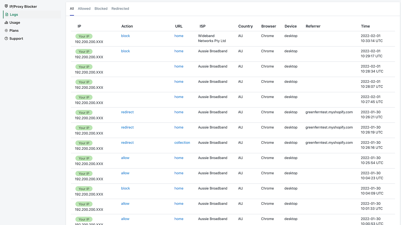 View logs per rule, or across your entire site