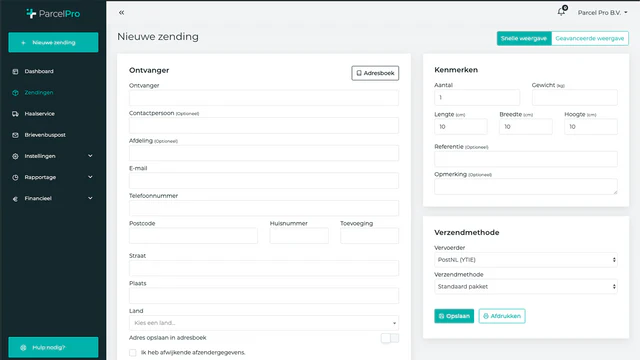 Parcel Pro Zending Invoeren
