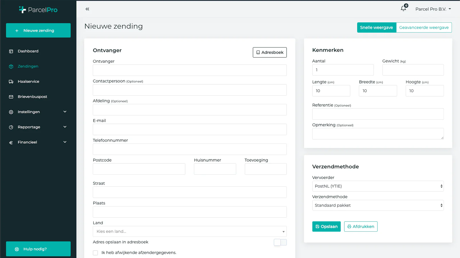 Parcel Pro Zending Invoeren