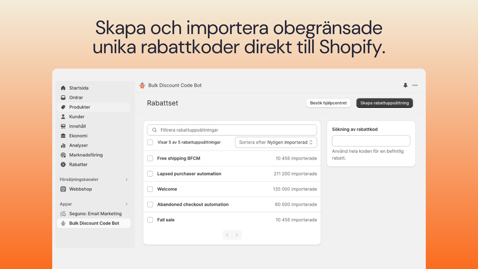 Skapa och importera obegränsade unika koder till Shopify.