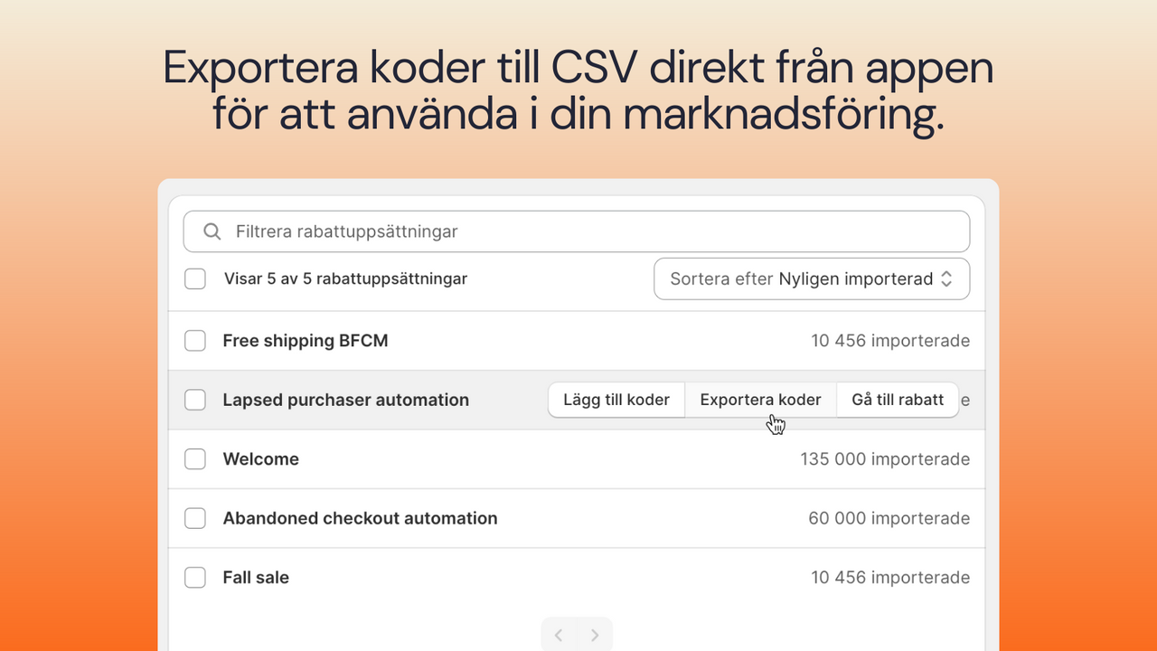 Exportera unika rabattkoder till CSV.