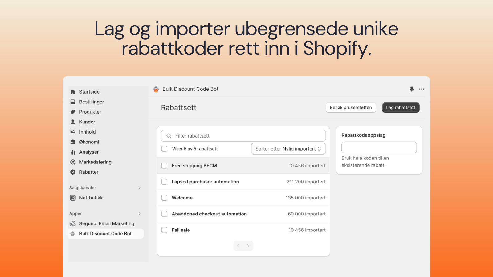 Opprett og importer ubegrensede unike rabattkoder til Shopify.