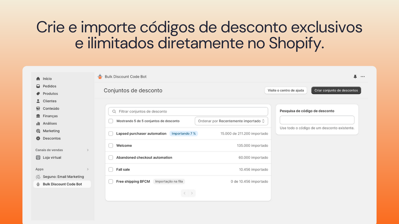 Crie e importe códigos exclusivos ilimitados para o Shopify.