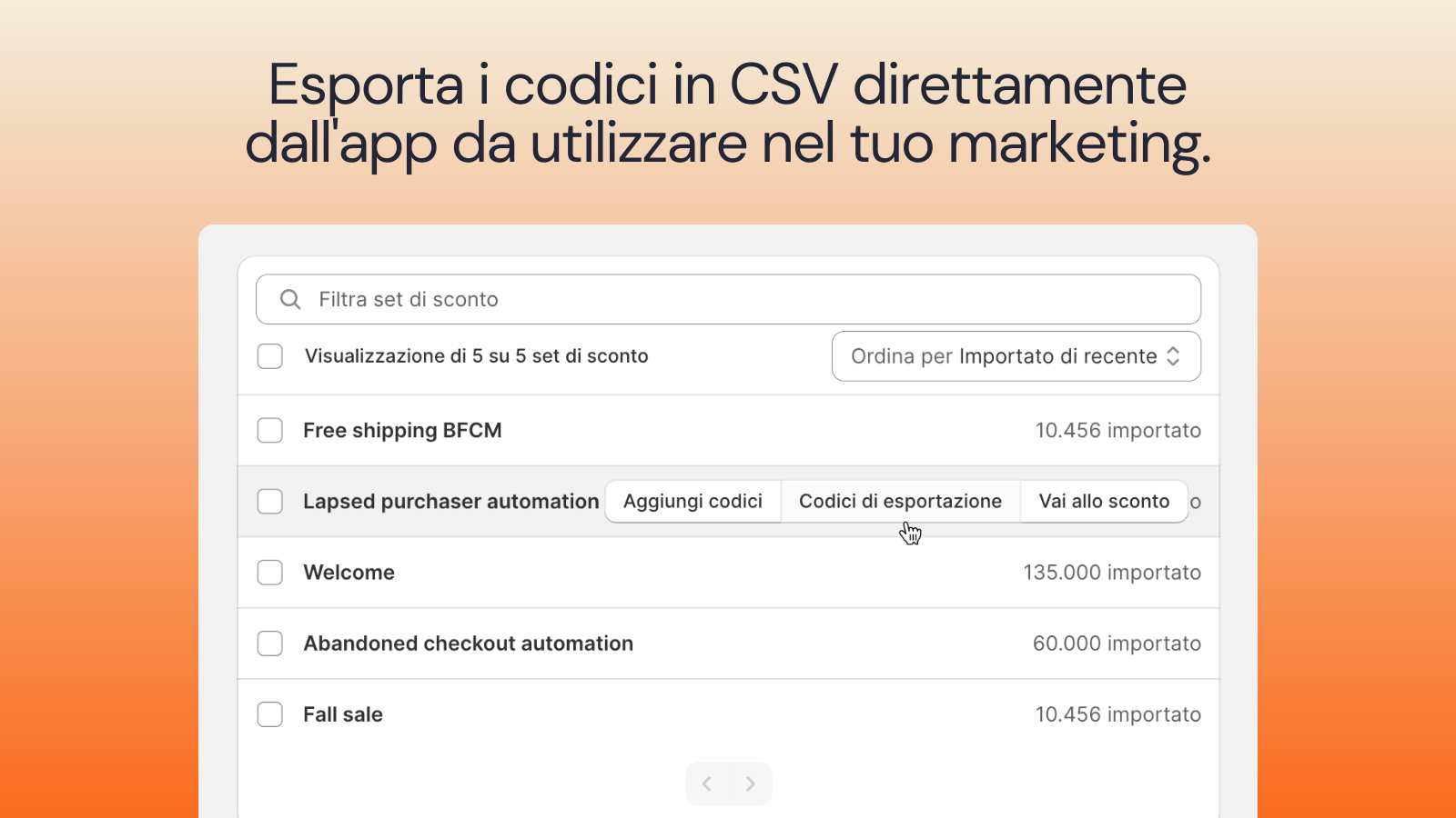 Esporta codici sconto univoci in CSV.