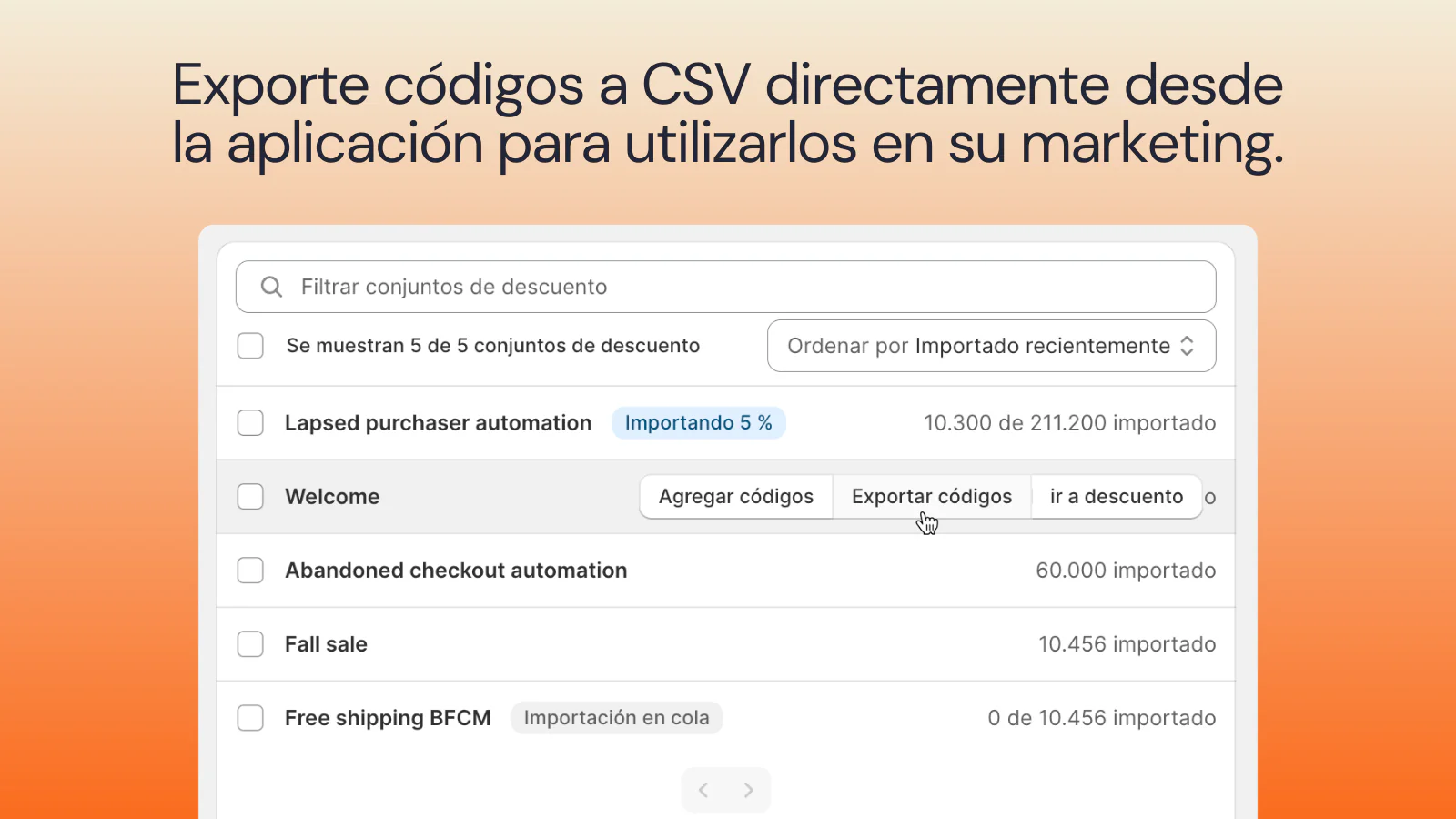 Exporte códigos de descuento únicos a CSV.