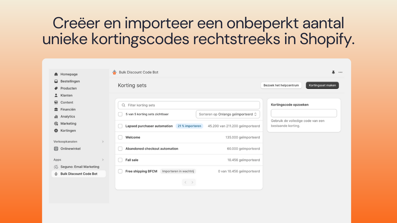 Creëer en importeer onbeperkt unieke kortingscodes in Shopify.