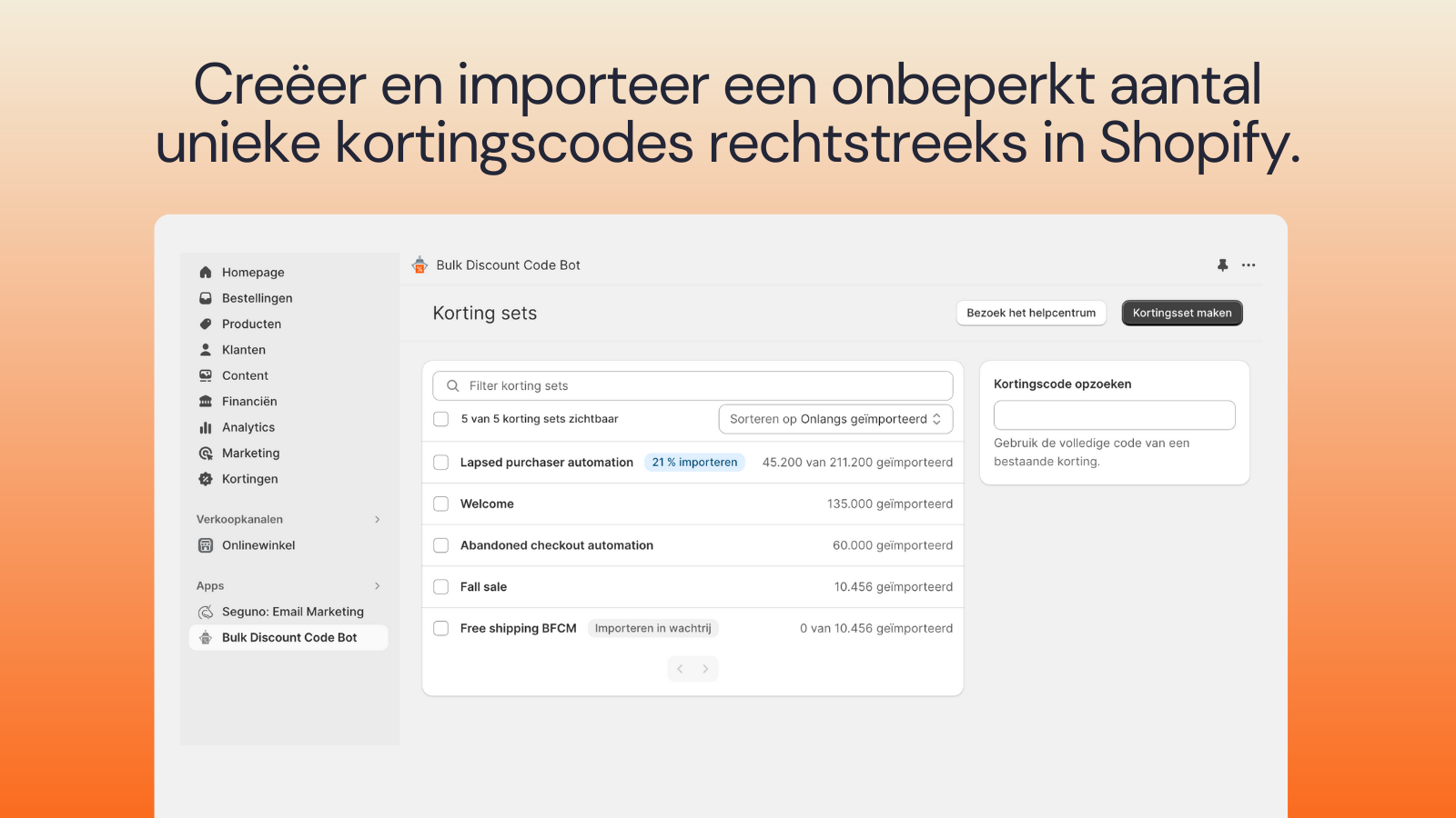 Creëer en importeer onbeperkt unieke kortingscodes in Shopify.