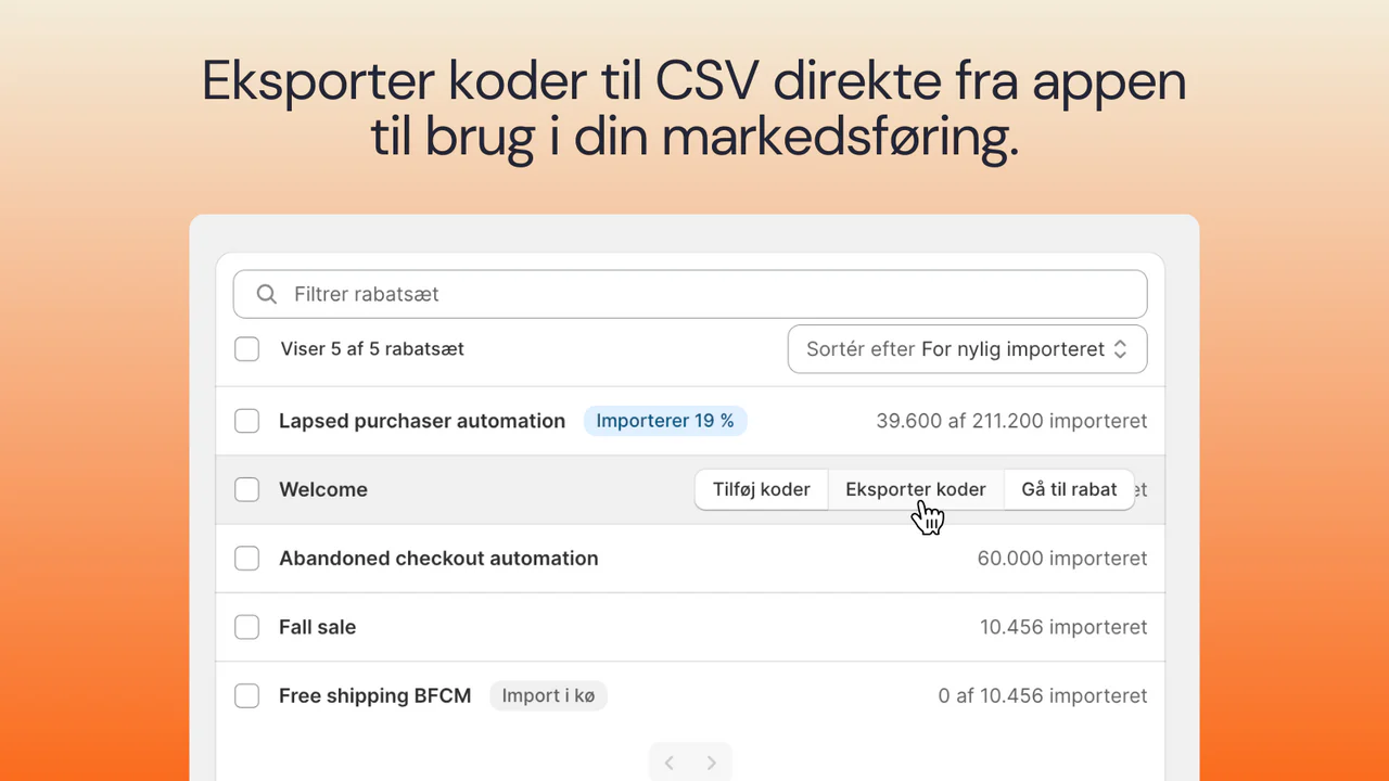 Eksporter unikke rabatkoder til CSV til brug i din markedsføring