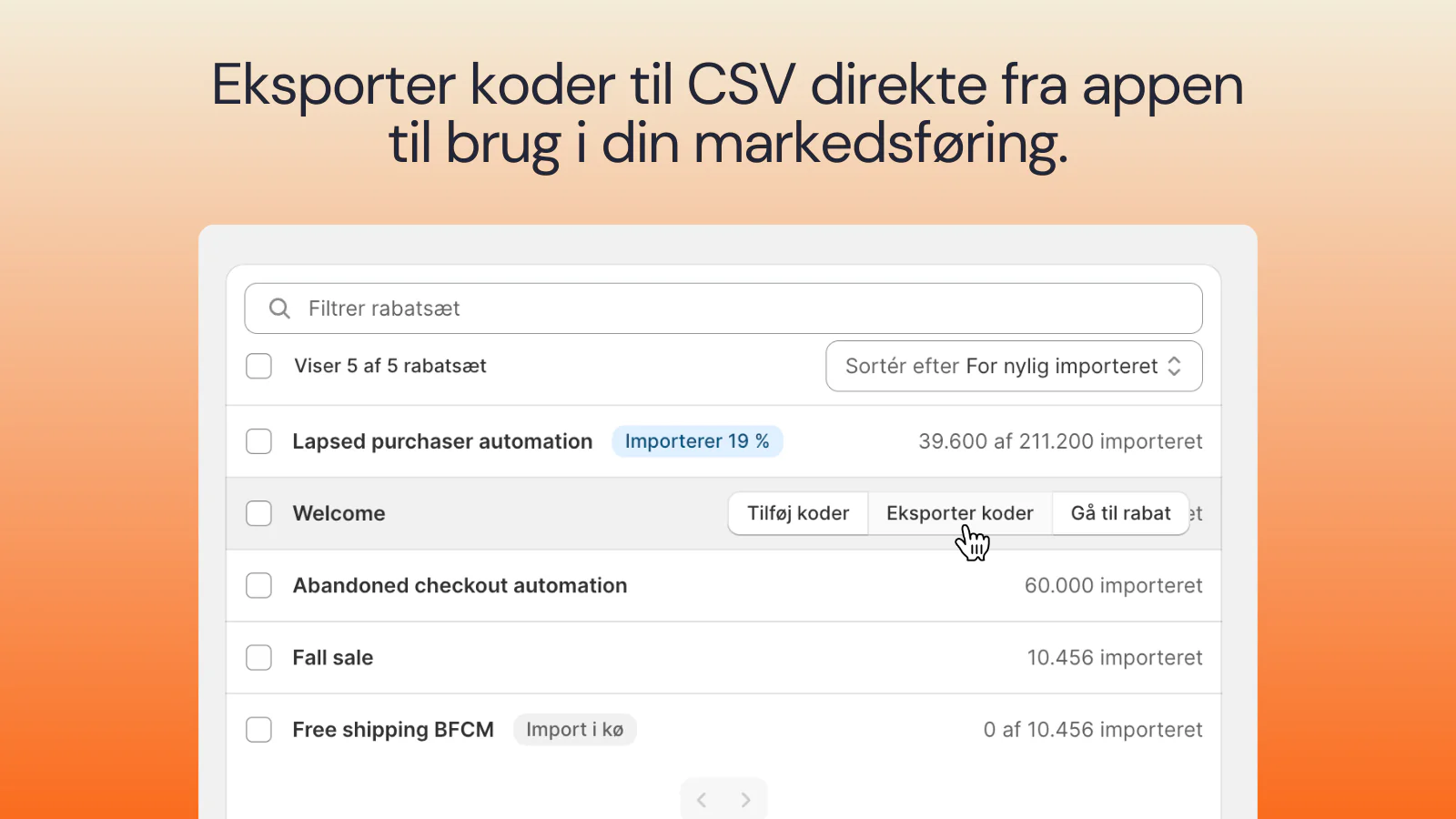 Eksporter unikke rabatkoder til CSV til brug i din markedsføring