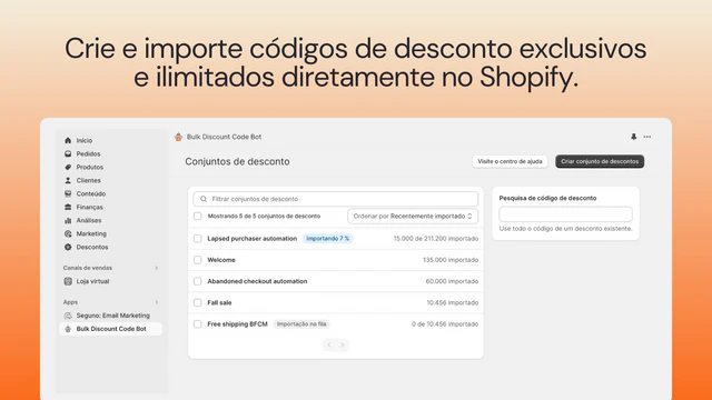 Crie e importe códigos exclusivos ilimitados para o Shopify.