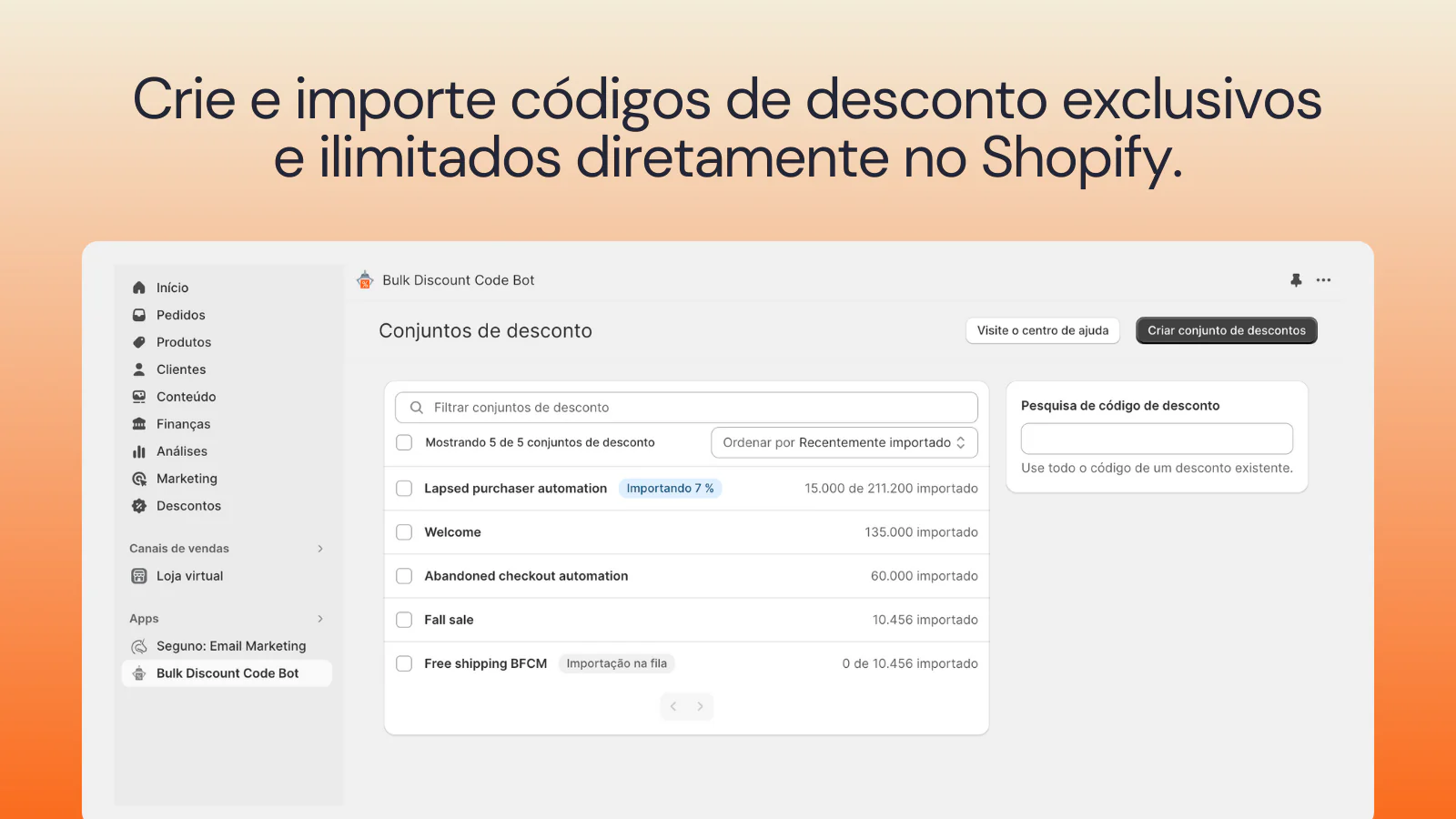 Crie e importe códigos exclusivos ilimitados para o Shopify.