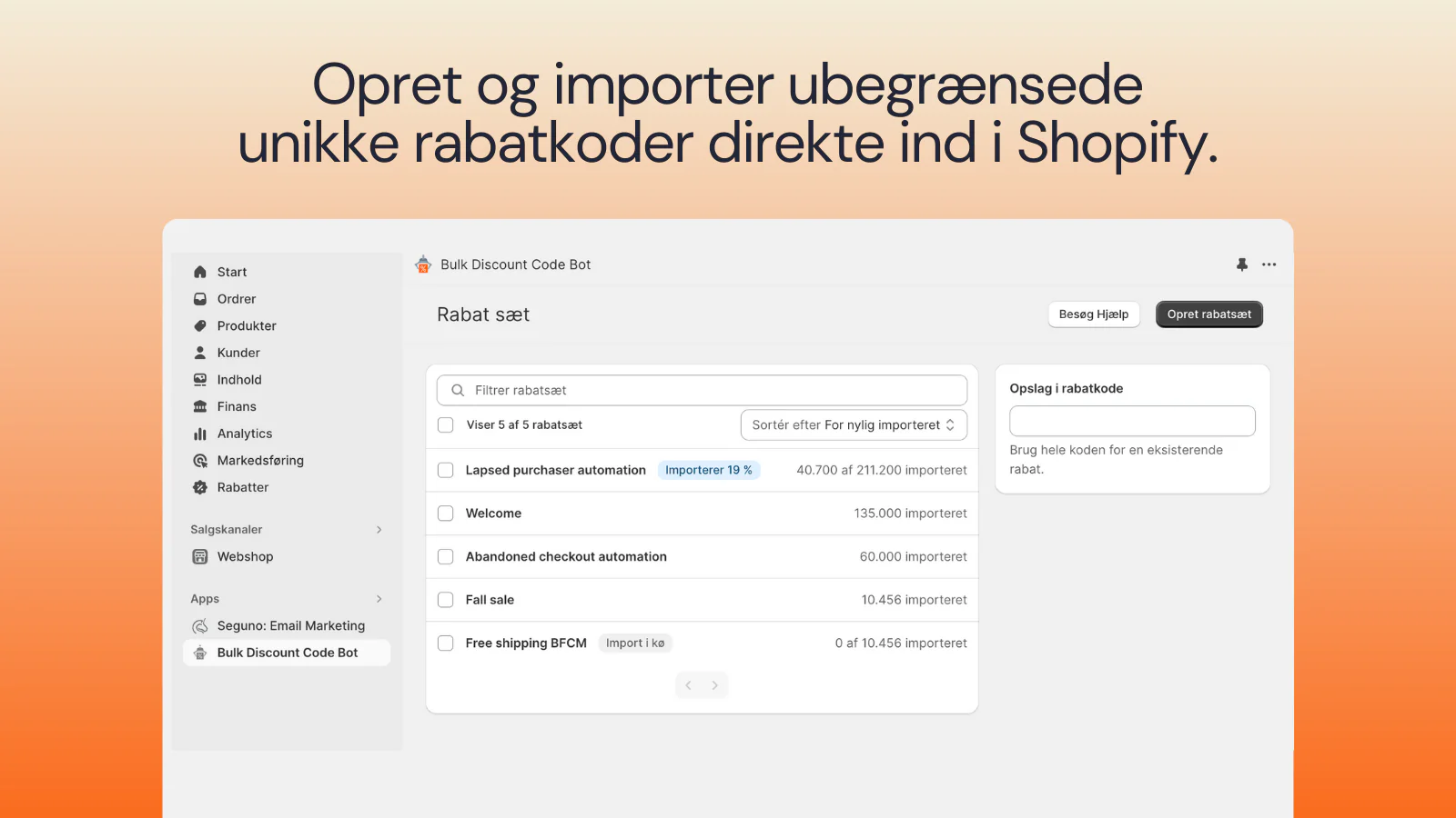 Opret og importer ubegrænsede unikke rabatkoder til Shopify.