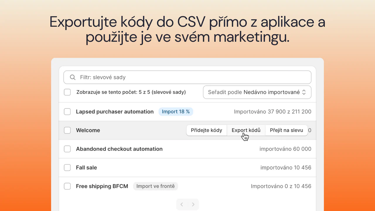 Exportujte jedinečné slevové kódy do CSV a použijte je ve svém m