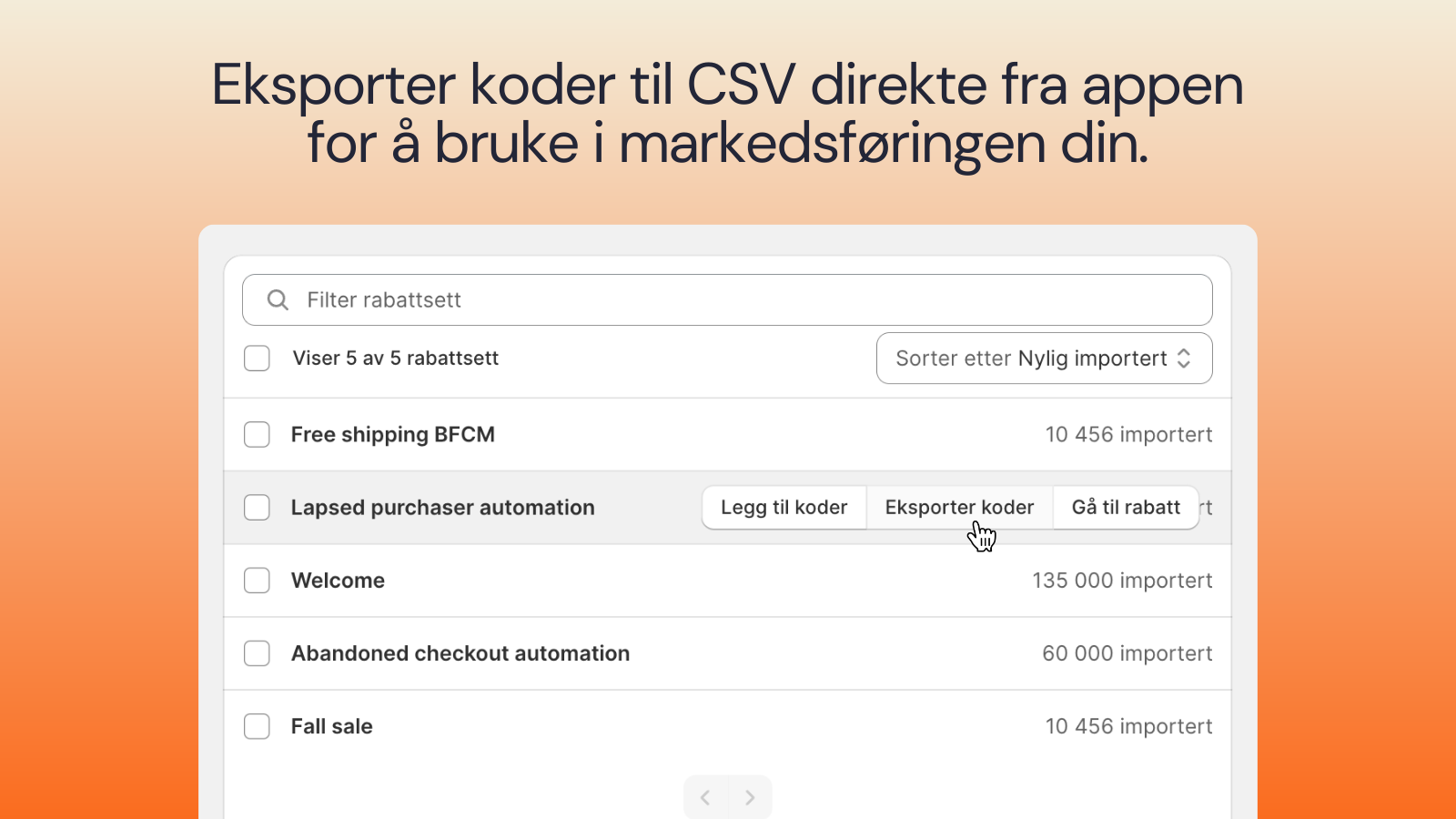 Eksporter unike rabattkoder til CSV.