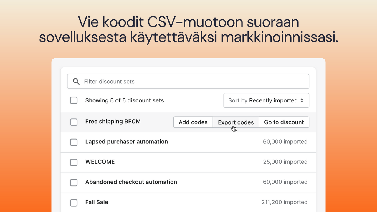 Vie yksilölliset alennuskoodit CSV-tiedostoon.