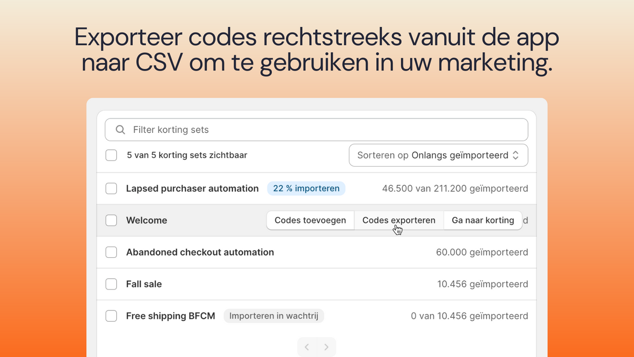 Exporteer unieke kortingscodes naar CSV.