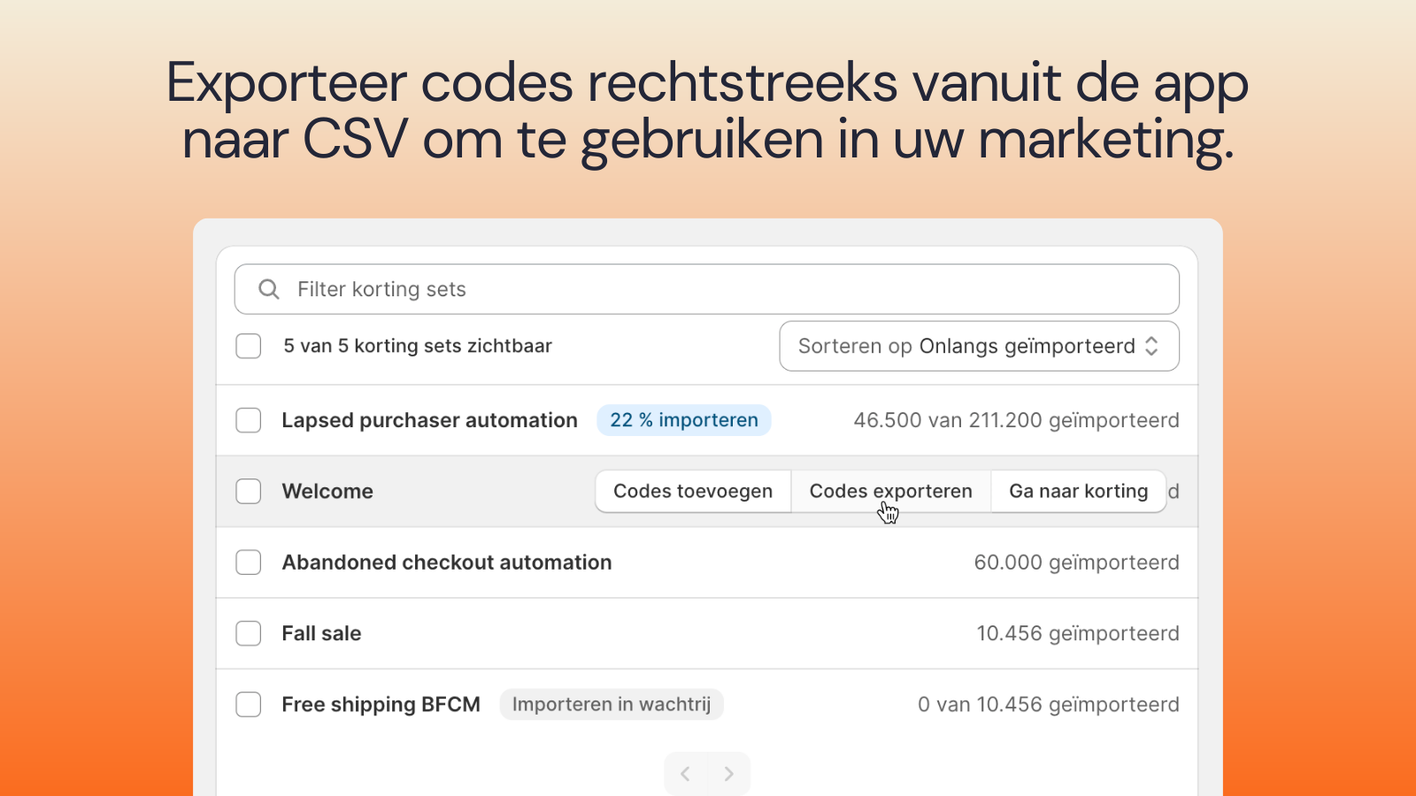 Exporteer unieke kortingscodes naar CSV.