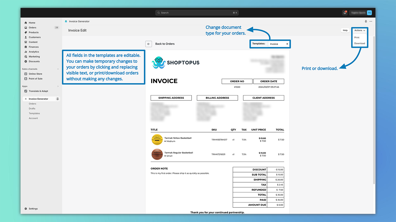 Shoptopus: Invoice Generator Screenshot