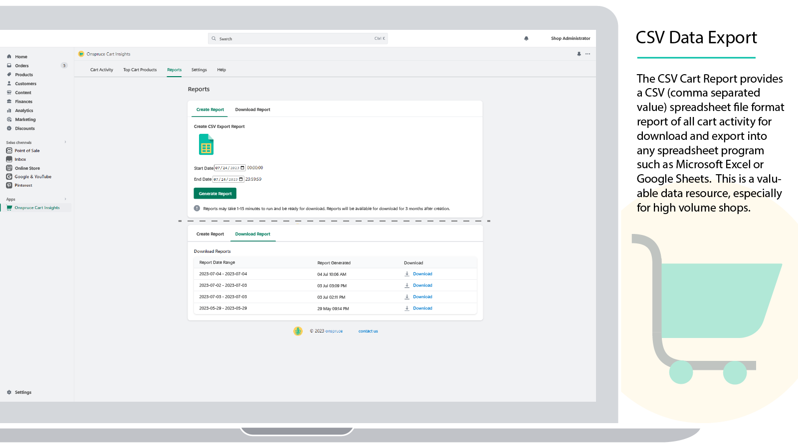 Relatório de Carrinho CSV fornece dados em formato CSV para download e exportação