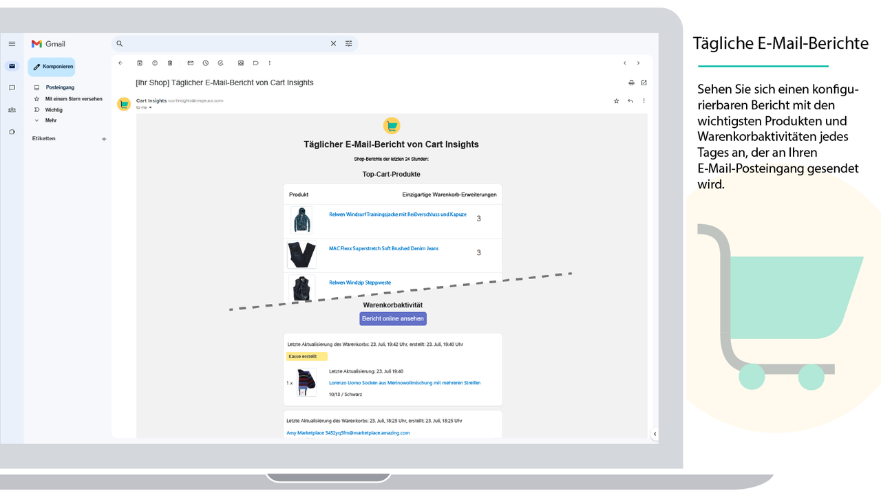 Der Cart Insights Daily Report wird im Gmail-Client angezeigt