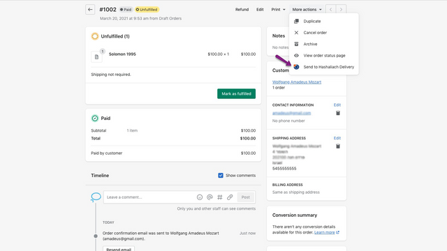 generate your Hashaliach shipments directly from the order view
