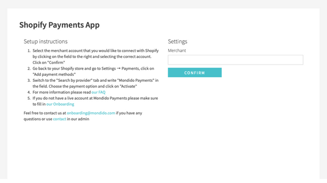 Mondido Admin Shopify Payments App Side