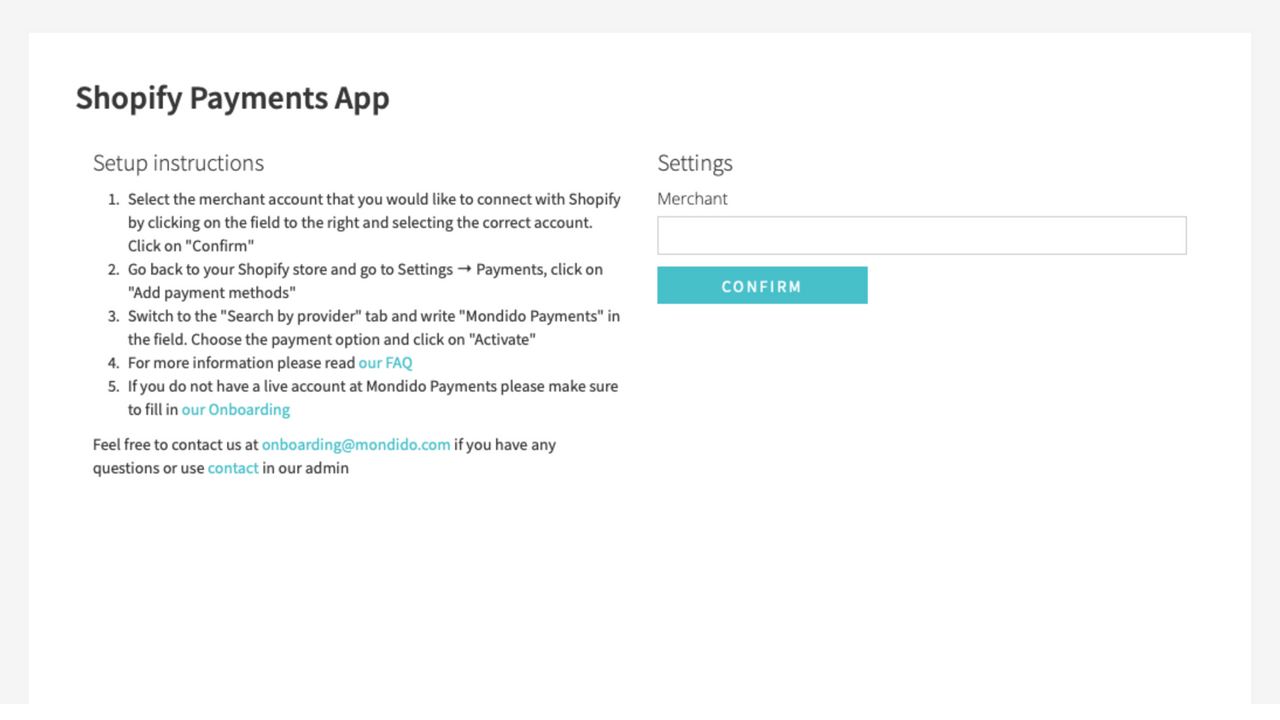 Mondido Admin Shopify Payments App Seite