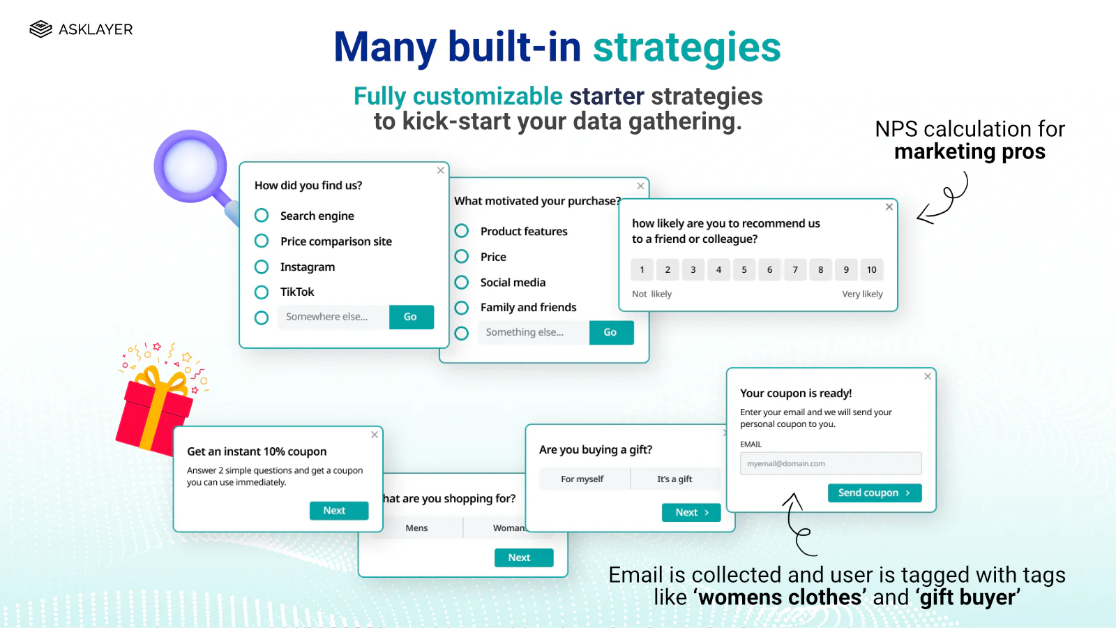 20+ built in survey strategies such as post-purchase, NPS etc