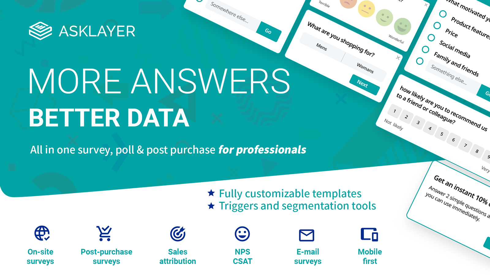 Asklayer enquêtes, polls en na aankoop voor professionals w/ NPS + meer