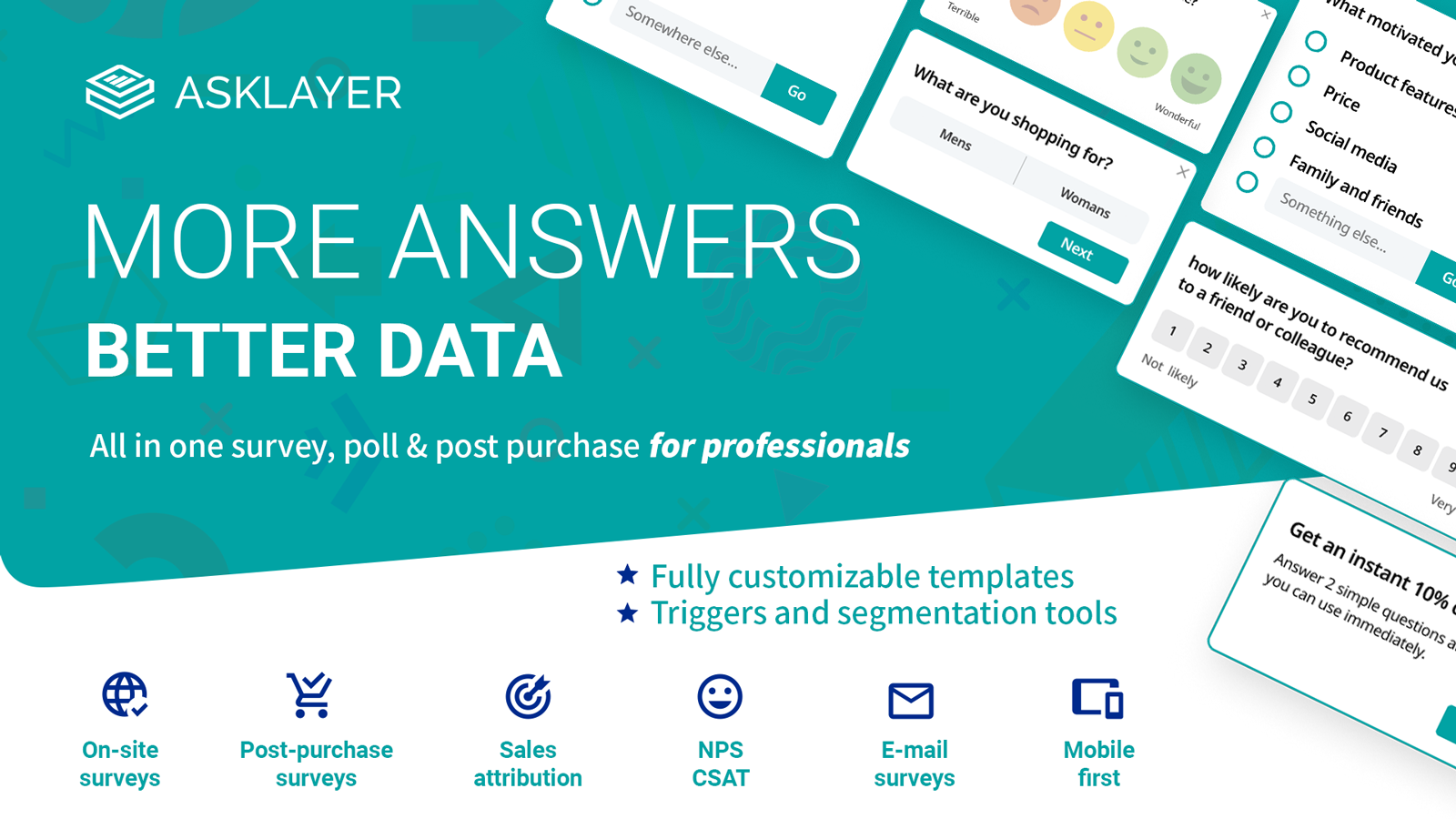 Asklayer undersøgelser, meningsmålinger og post-køb for pros w/ NPS + mere