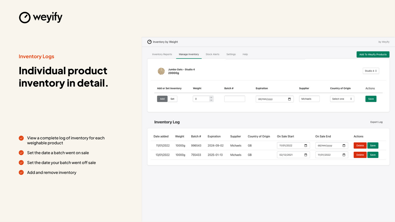 Weyify Inventory by Weight - Voorraadlogs