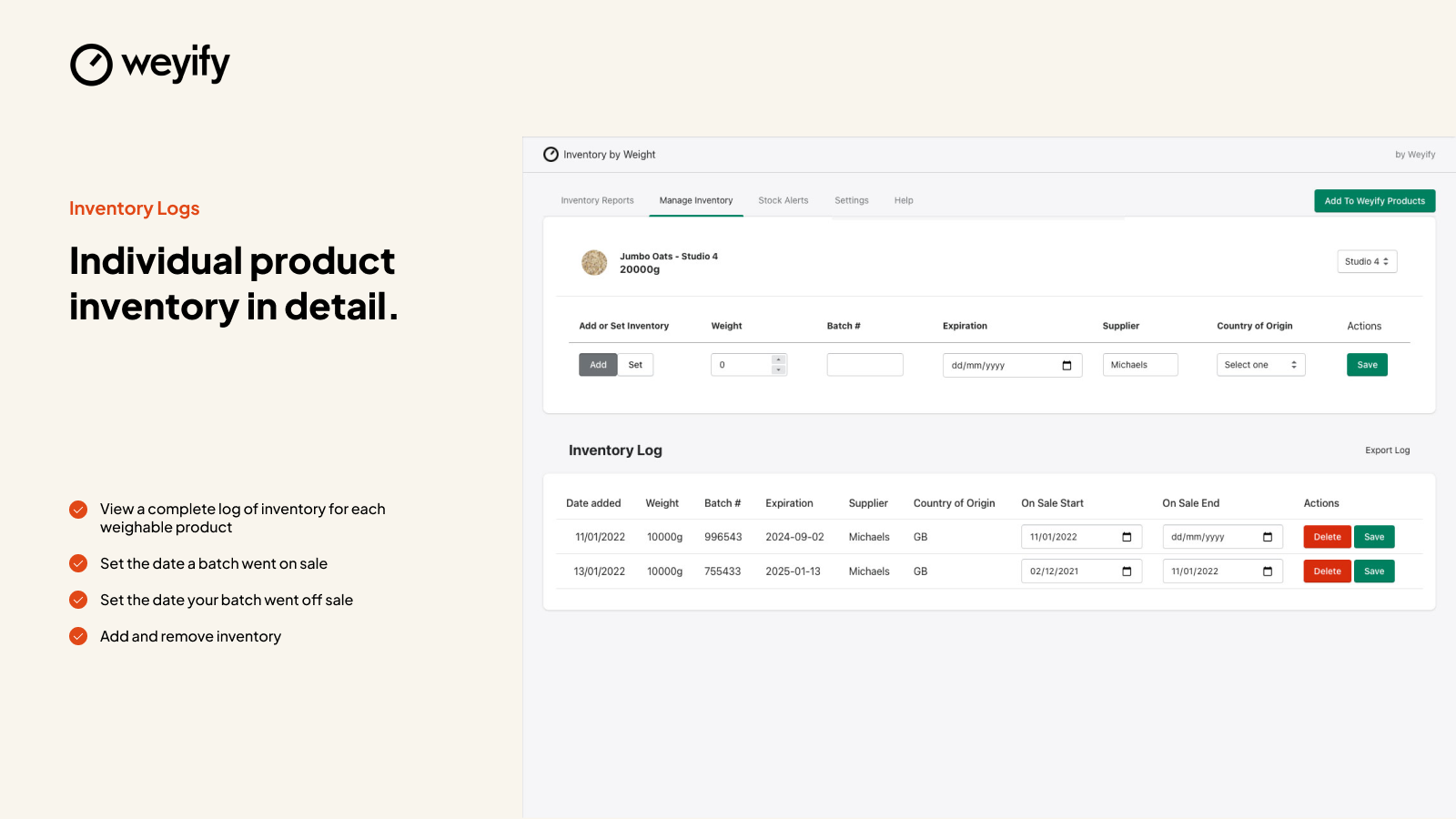 Weyify Inventory by Weight - Lager loggar