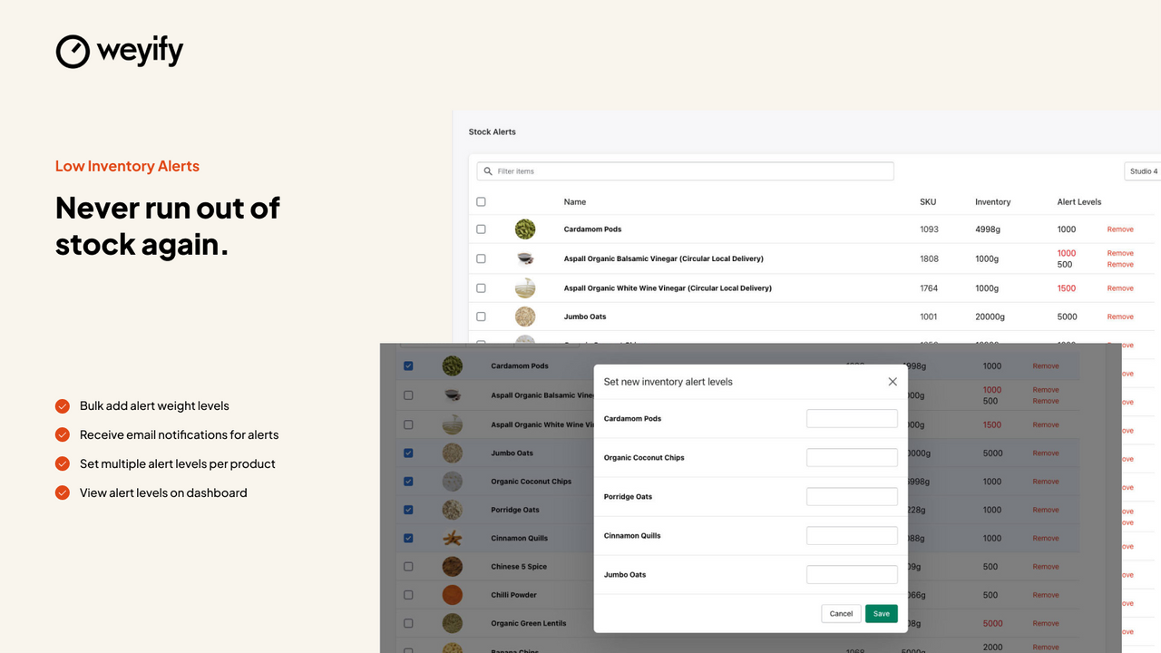 Weyify Inventory by Weight - Low Inventory Alerts