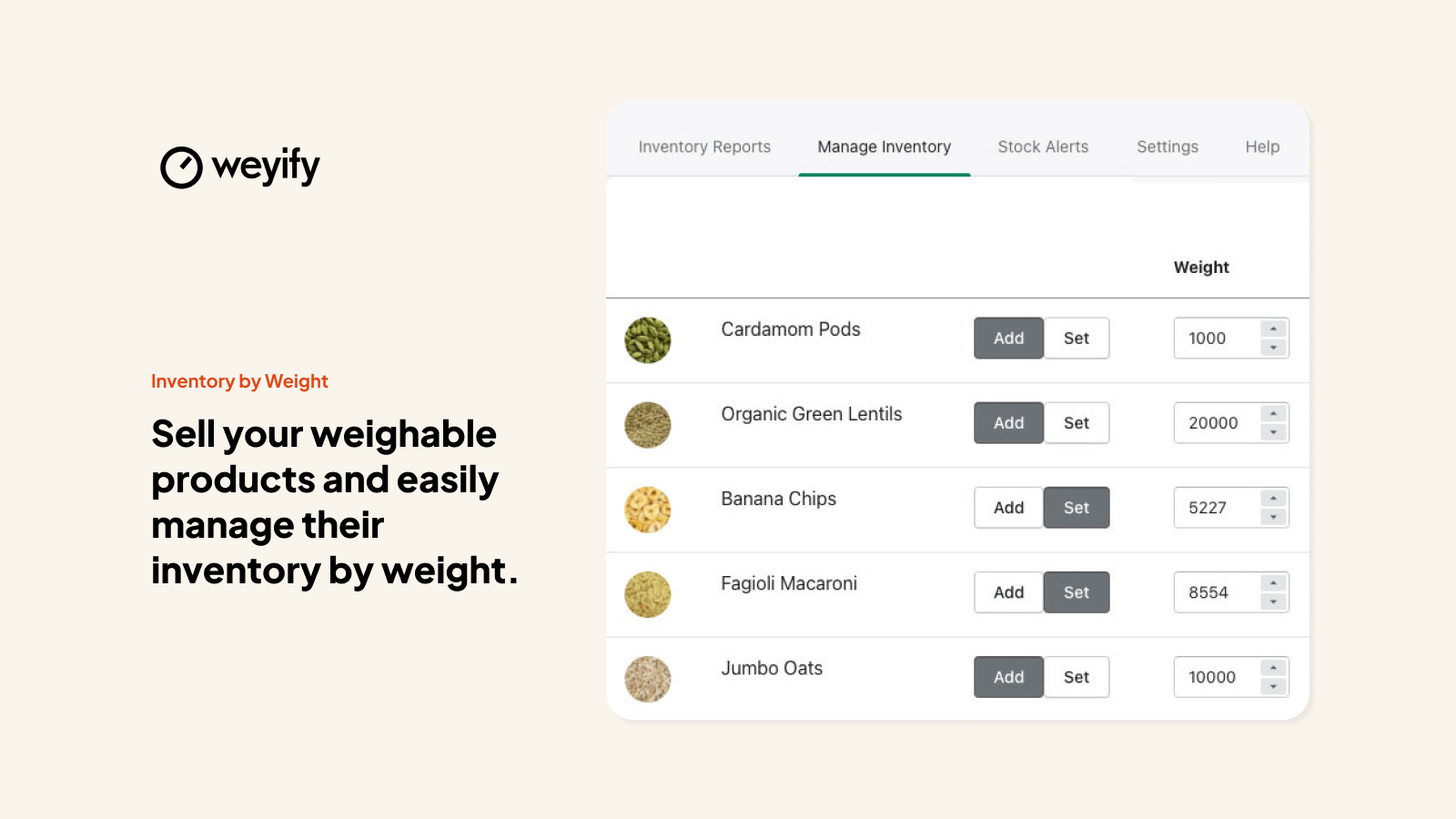 Weyify Inventory by Weight