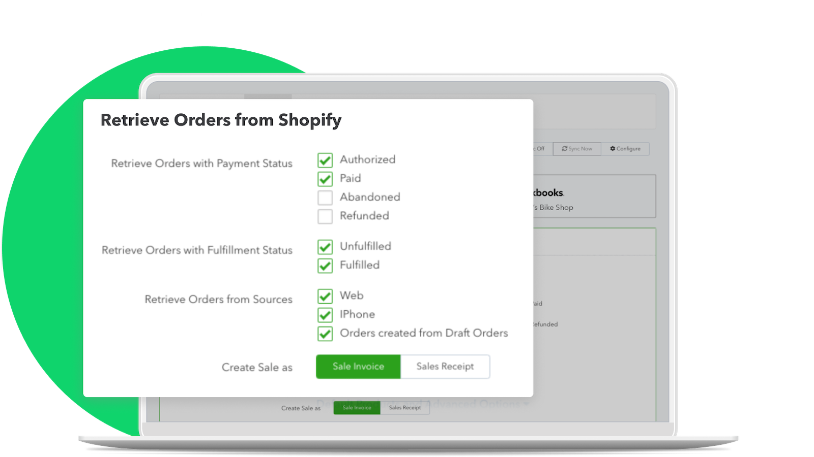 Beställningar från din butik blir fakturor eller kvitton på QuickBooks