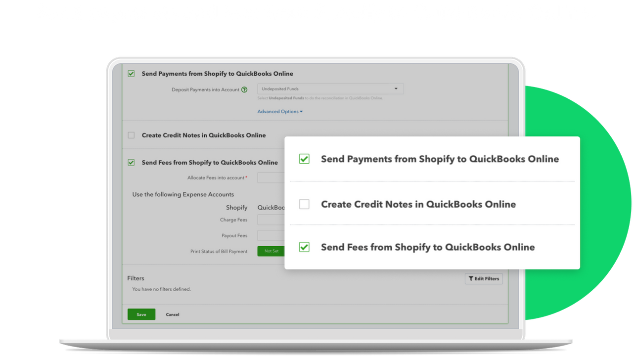 Envía pagos y tarifas de Shopify a QuickBooks Online