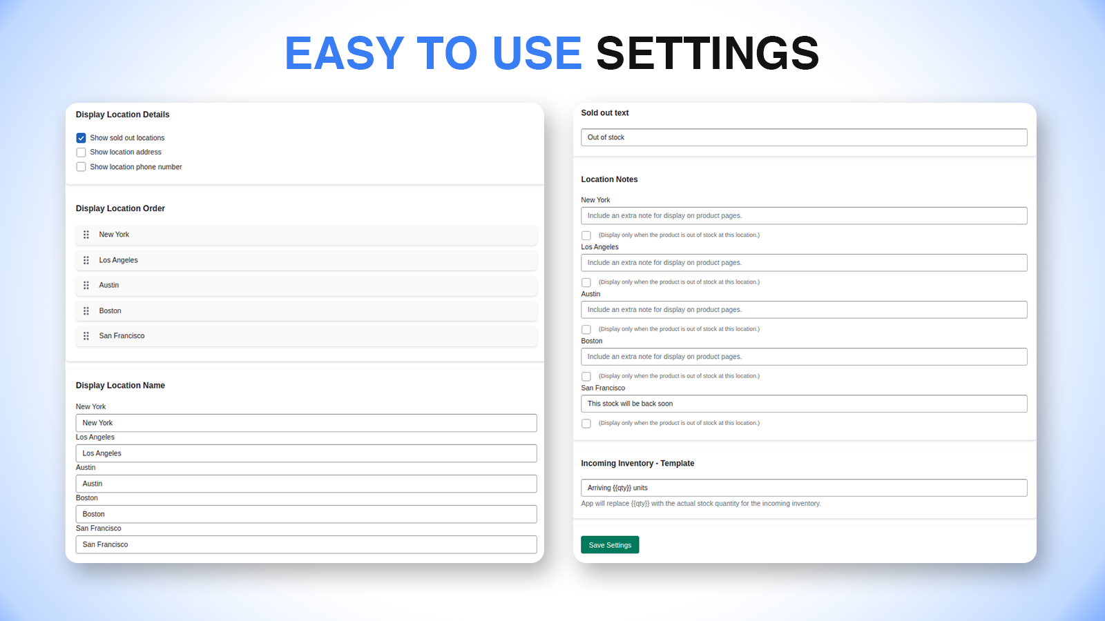 Configuração fácil de usar para informações de estoque