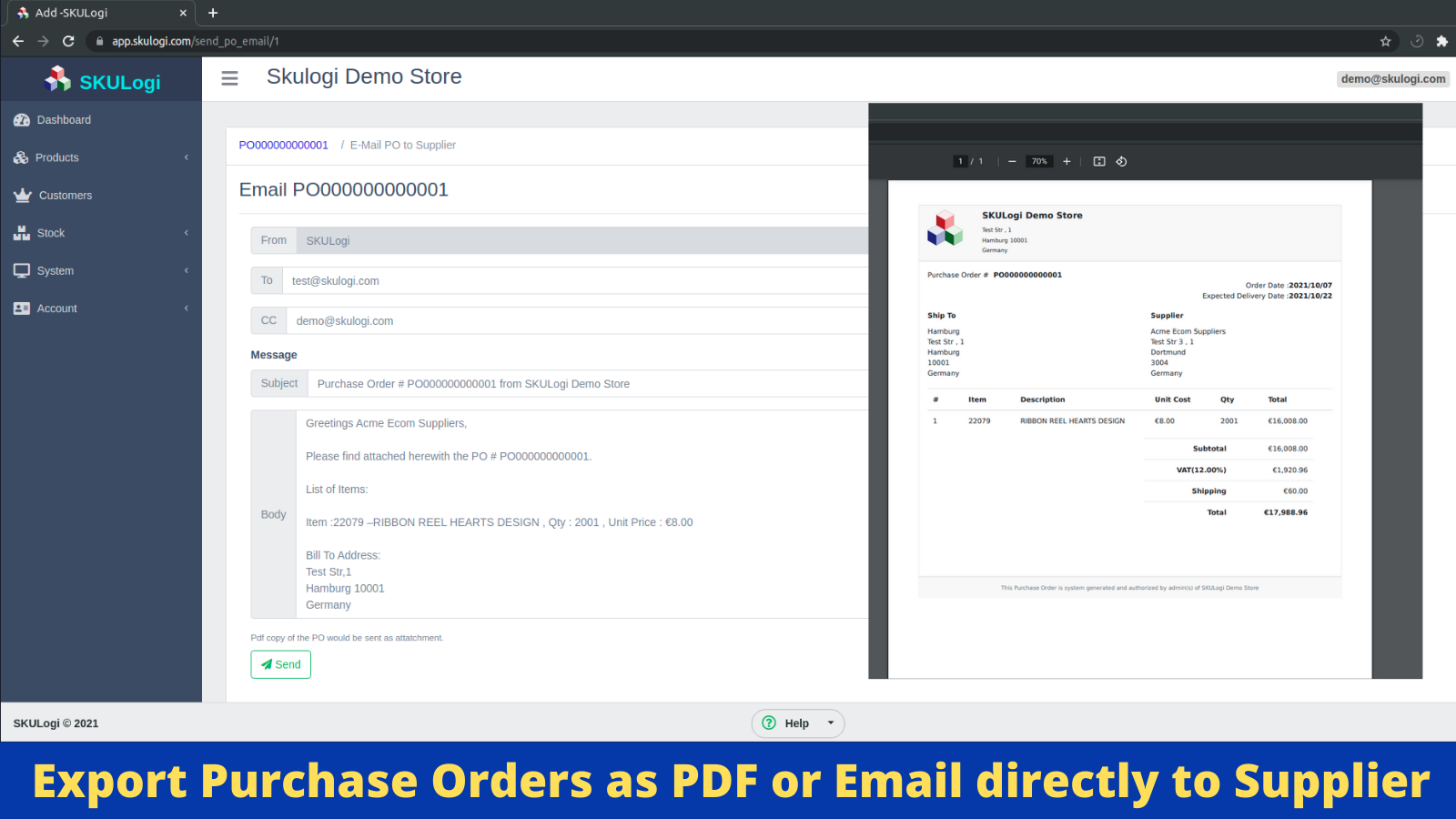 Exportar órdenes de compra como PDF, enviar PO al proveedor por correo electrónico