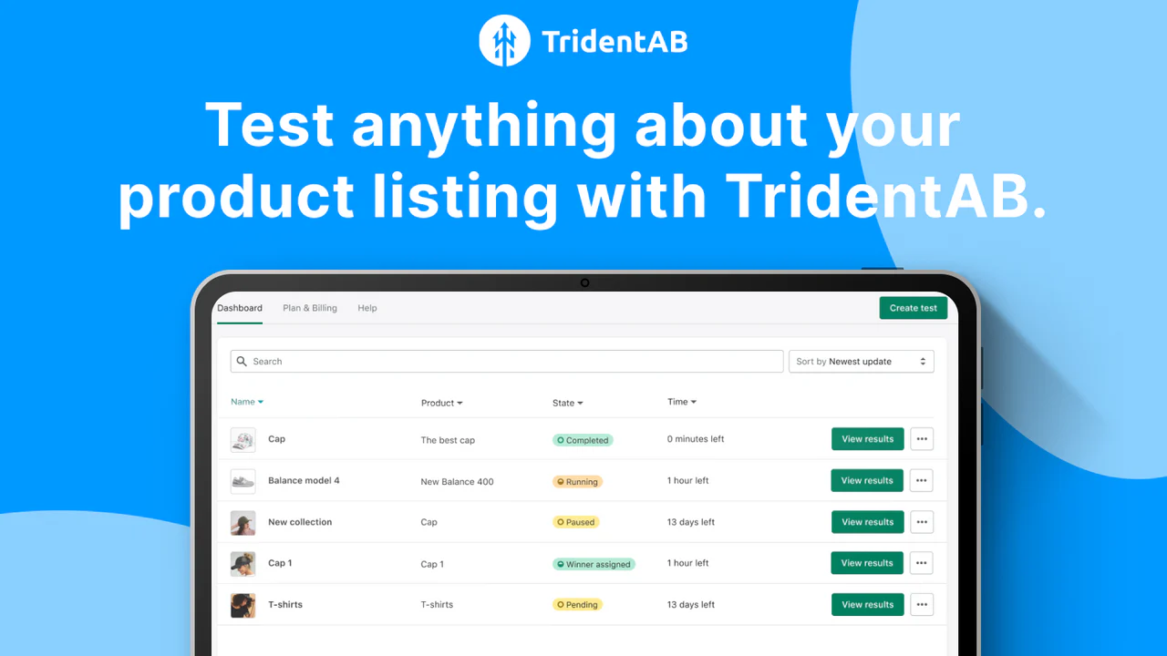 Teste qualquer coisa sobre sua listagem de produtos com o TridentAB