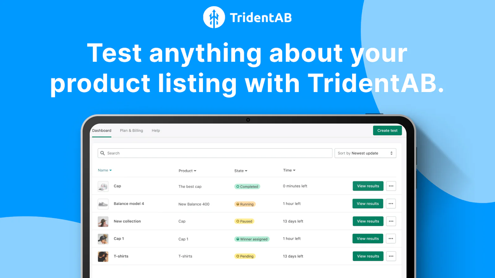 Teste qualquer coisa sobre sua lista de produtos com TridentAB