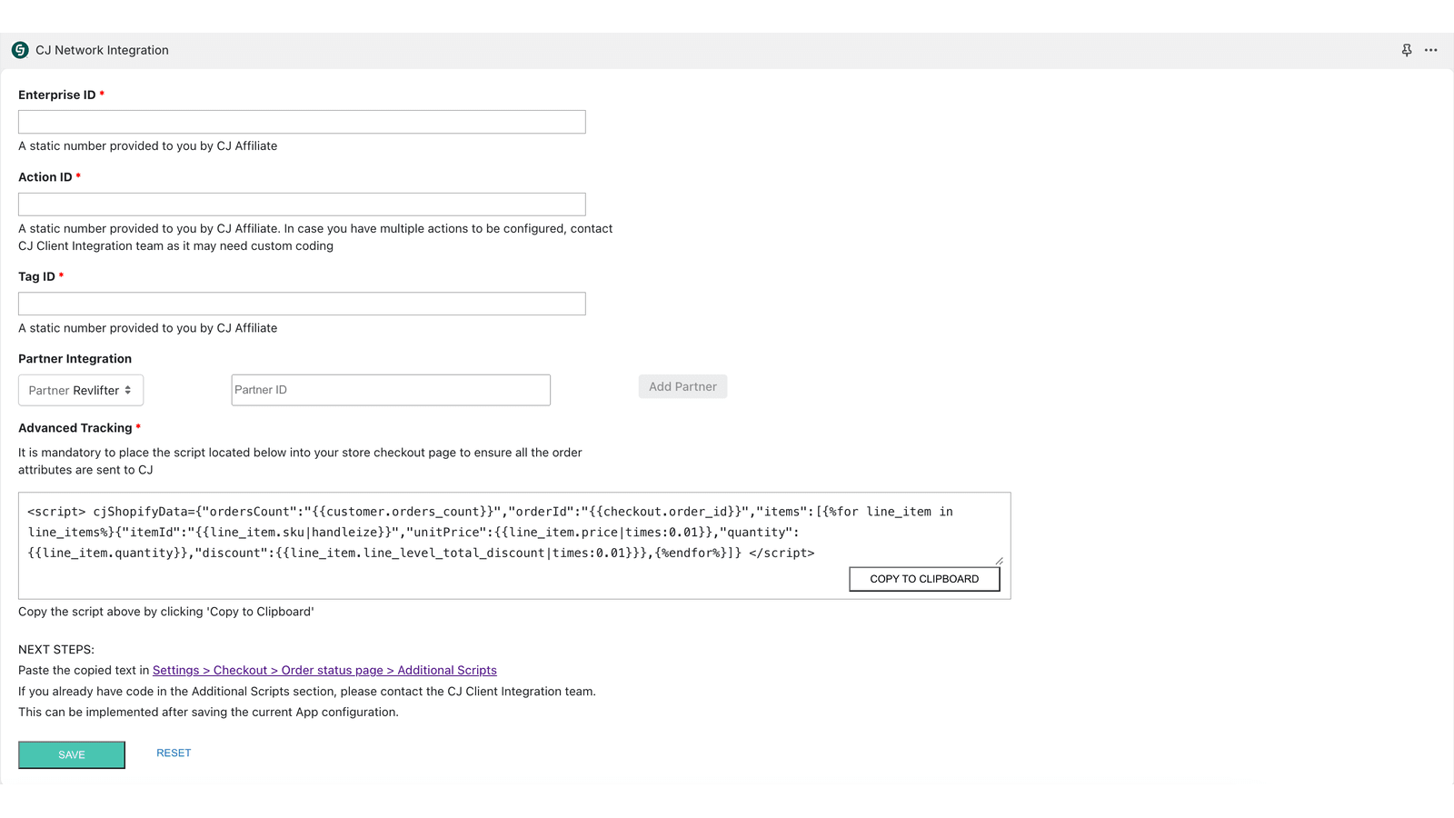 Página de configuración de la aplicación