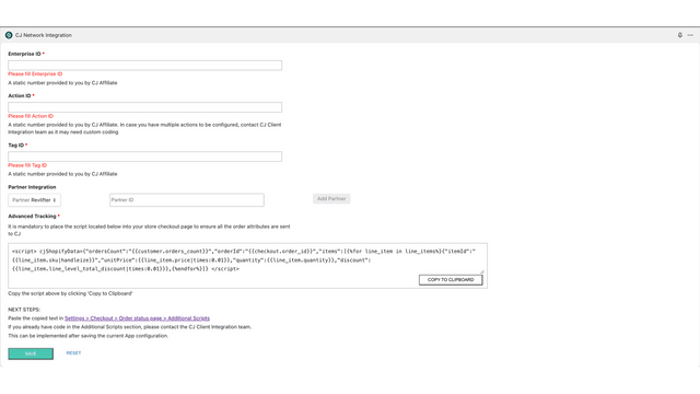 Campos obligatorios de configuración de la aplicación