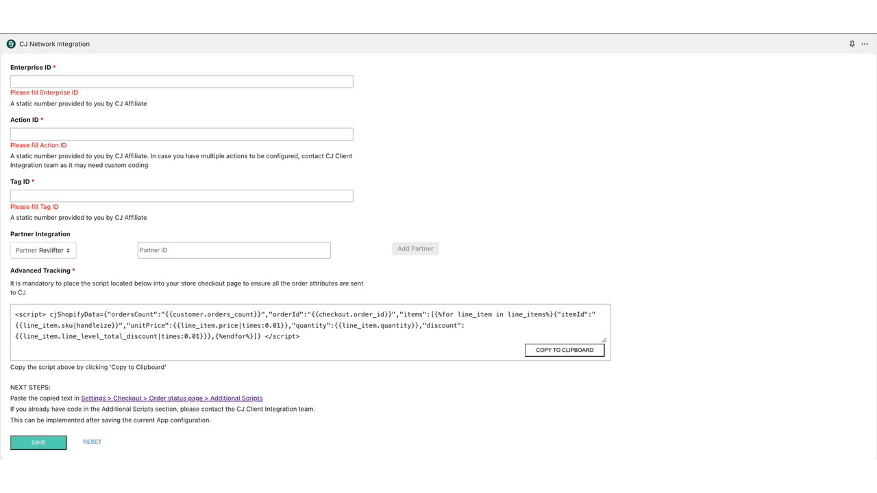 Campos obligatorios de configuración de la aplicación